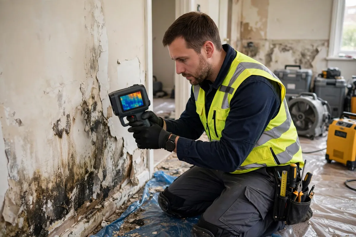 Technician using a thermal imaging camera to detect hidden moisture in a wall during water damage mitigation