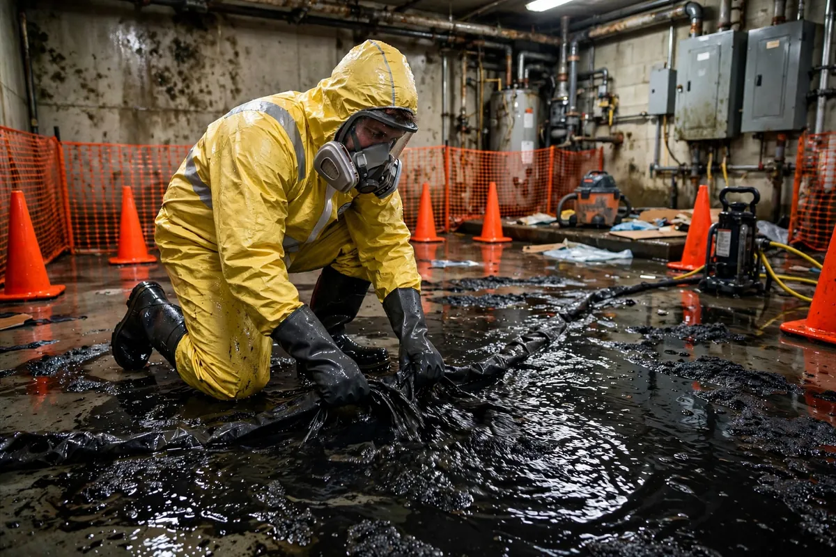 Hazmat-suited technician safely containing contaminated black water in a utility room