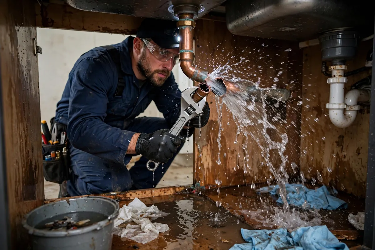 Plumber repairing a burst copper water pipe spraying under a kitchen sink