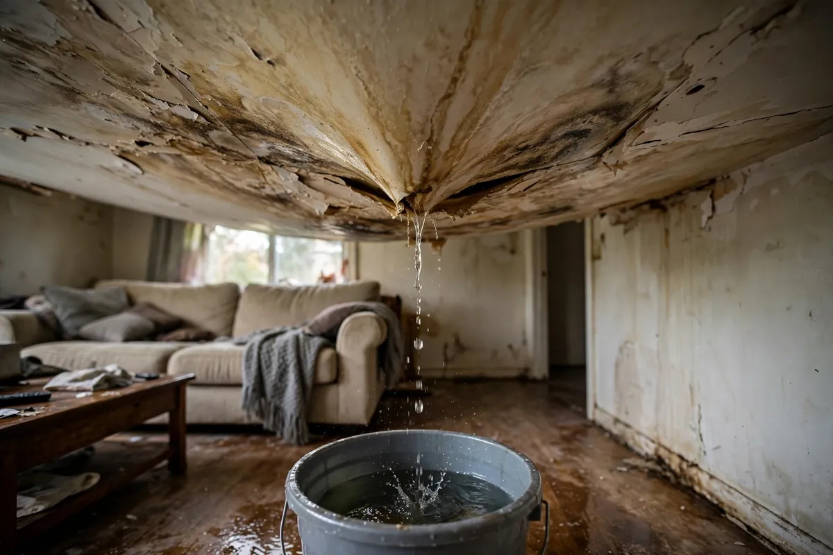 Water-stained sagging ceiling with active drip into a bucket in a Hollywood, FL living room
