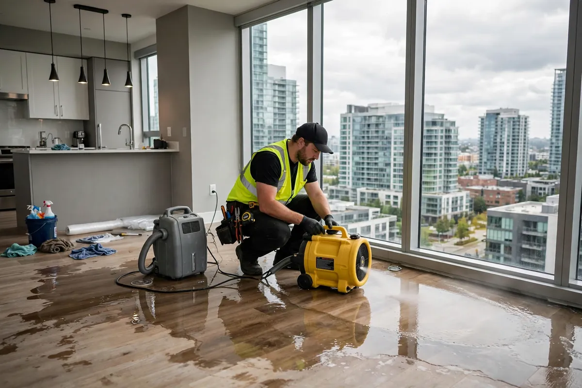 Water damage restoration in progress inside a modern condo unit in Hollywood, FL