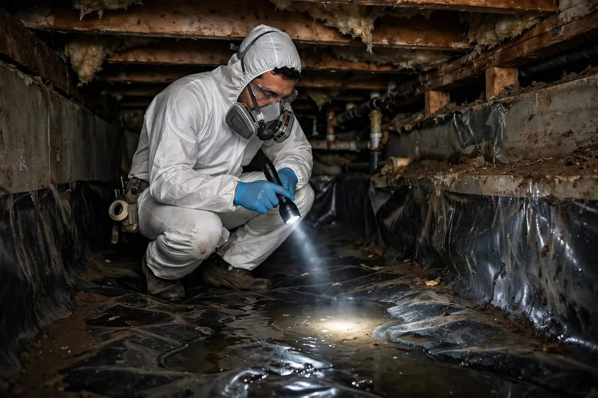 Technician inspecting a damp residential crawl space with standing water