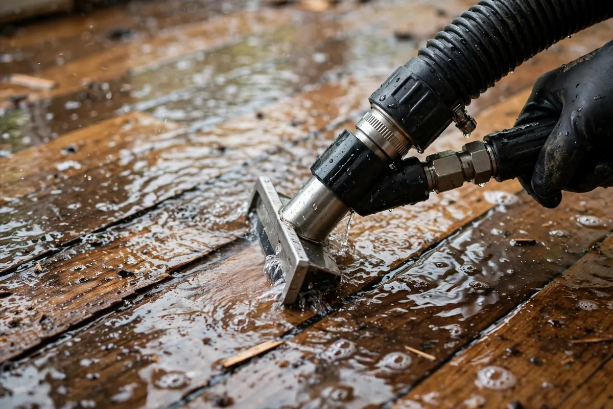 Professional water extraction wand removing standing water from a flooded floor in Hollywood, FL