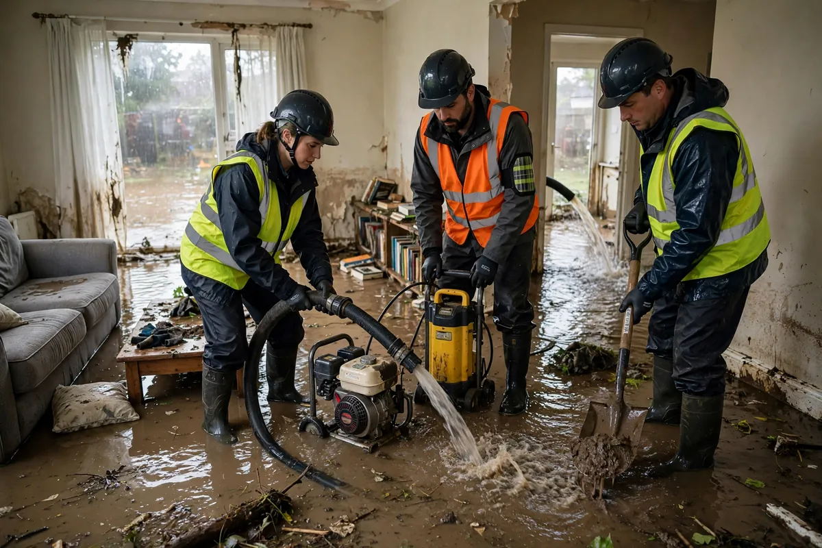 Flood cleanup crew pumping muddy floodwater from a flooded Hollywood, FL home