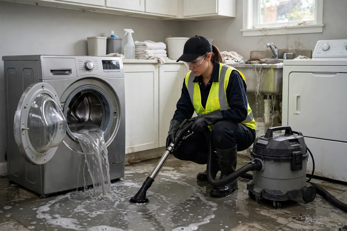 Technician extracting gray water from a washing machine overflow in a laundry room