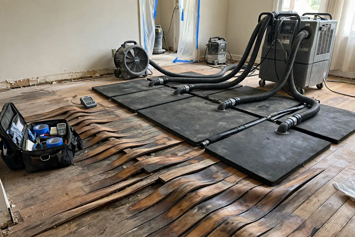 Cupped water-damaged hardwood flooring being dried with specialized floor drying mats