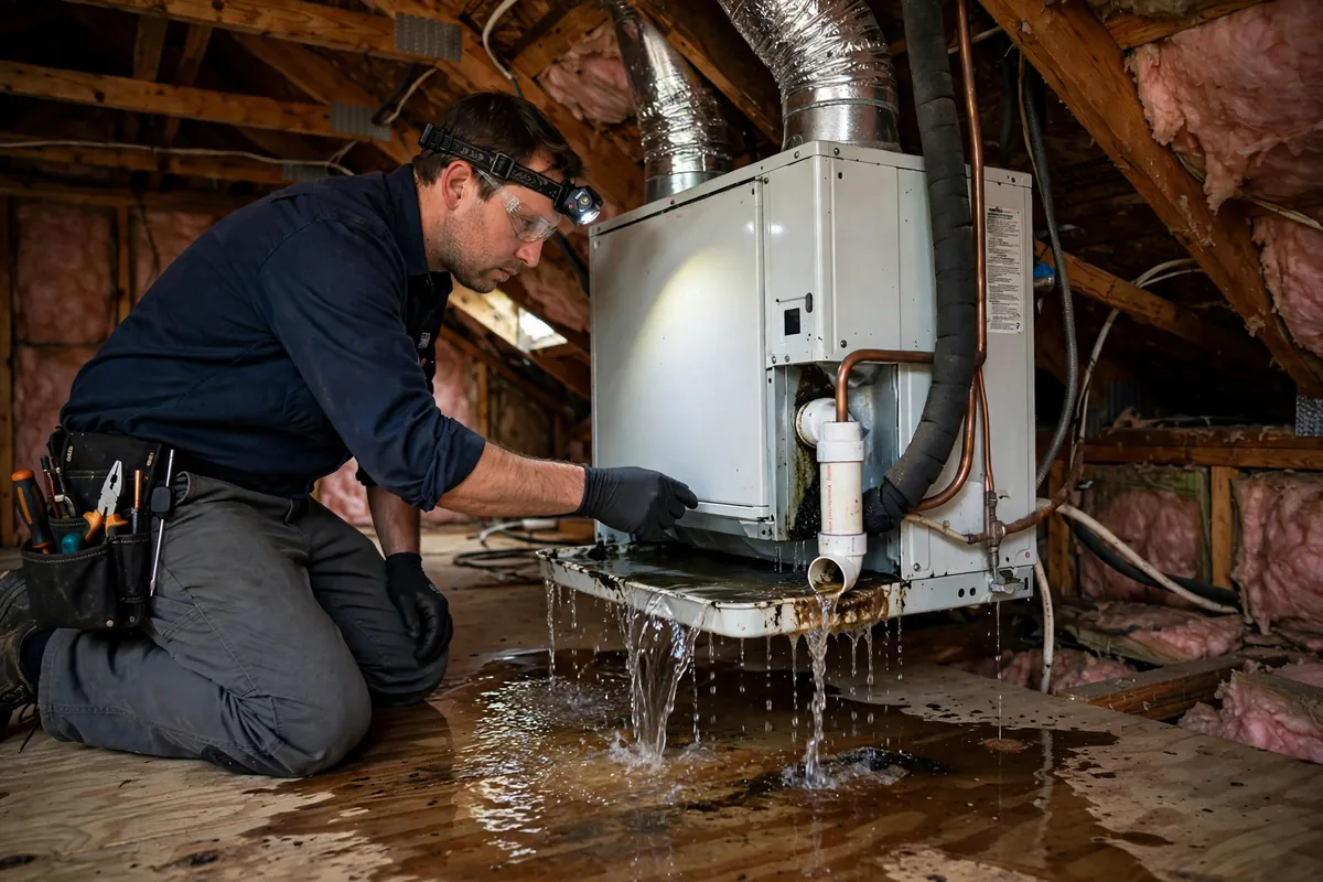 HVAC technician inspecting an air conditioning unit with a clogged condensate drain line