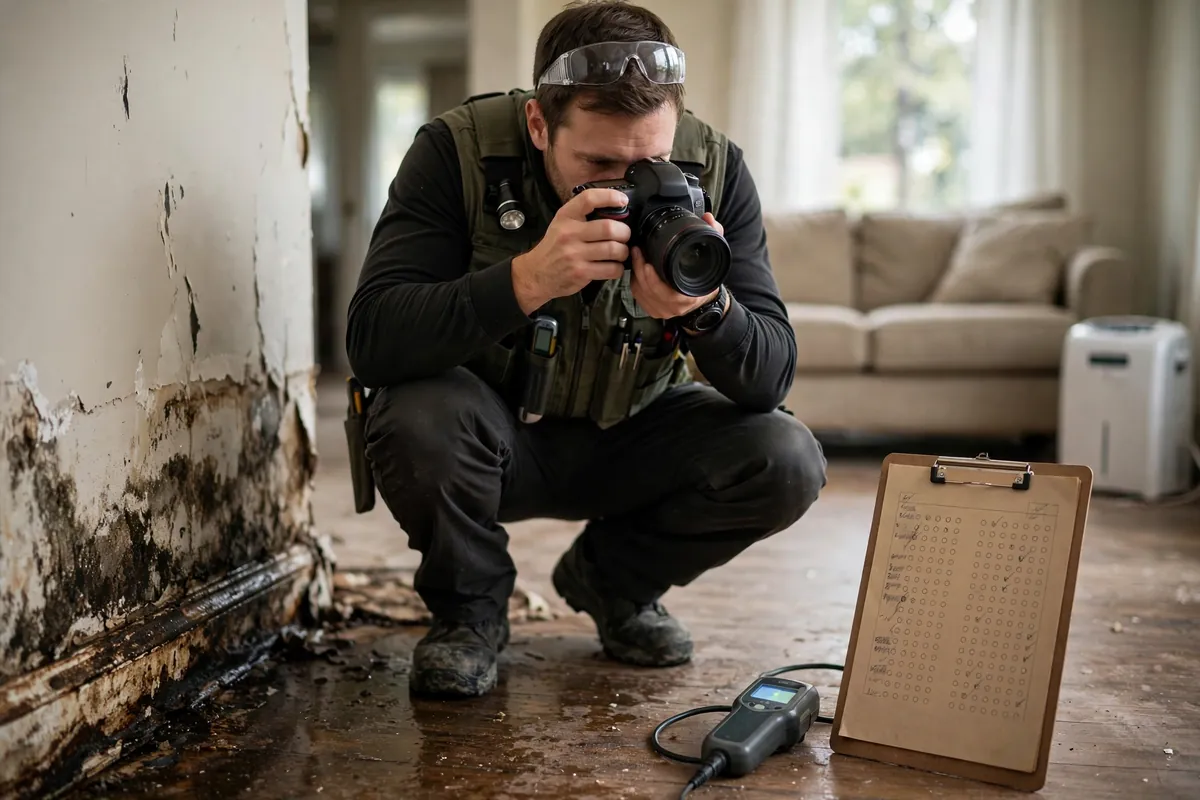 Technician photographing water damage for insurance documentation with moisture readings