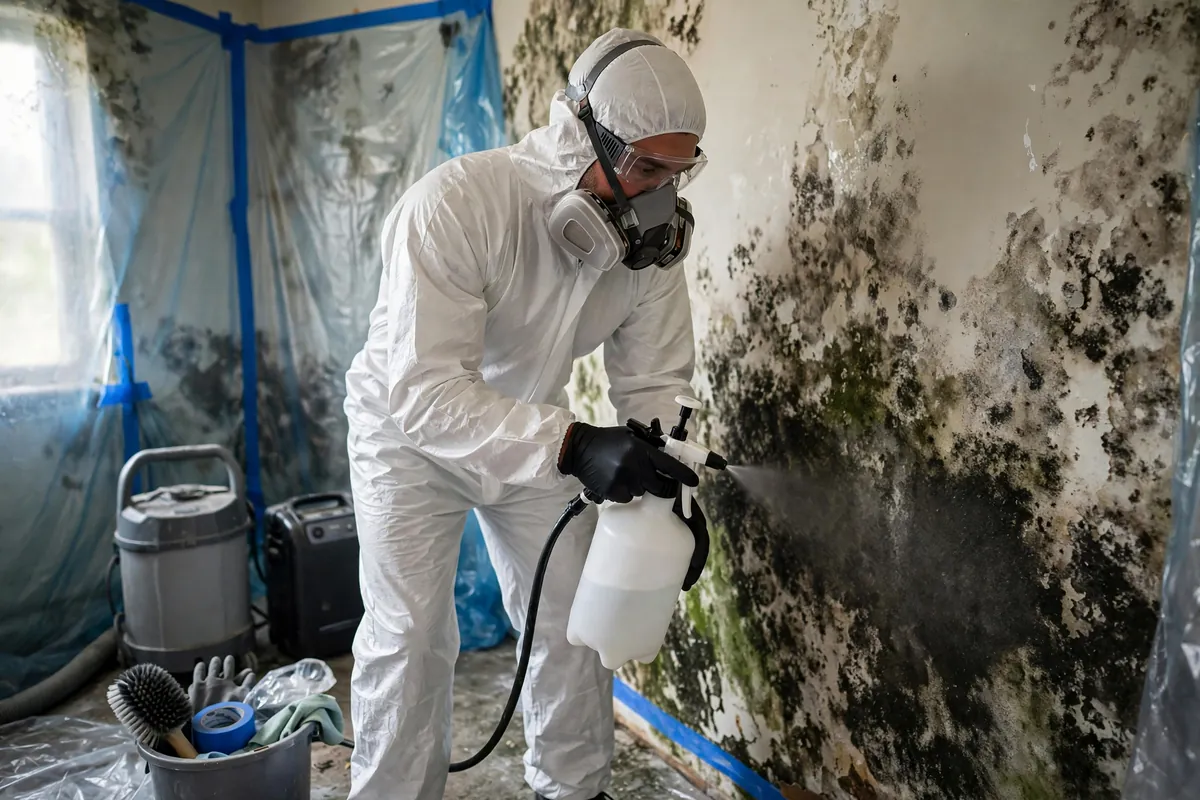 Mold remediation specialist in protective gear applying antimicrobial treatment to an interior wall