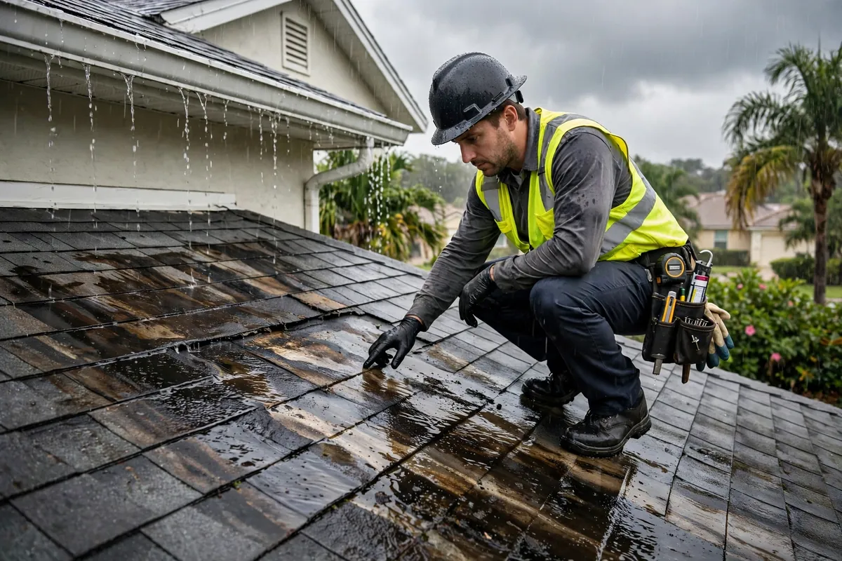 Roofing technician inspecting a residential roof leak with water-damaged shingles in Hollywood, FL