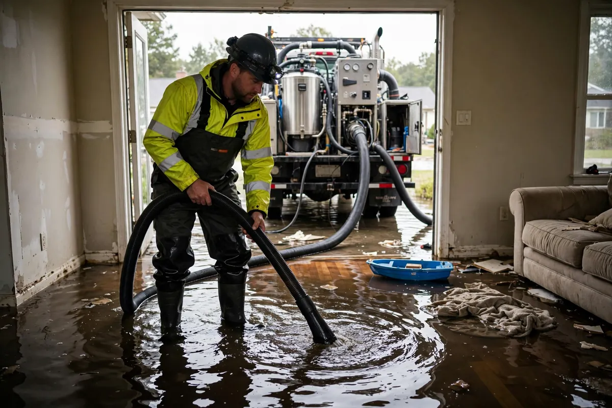 Truck-mounted extraction unit removing deep standing water from a flooded Hollywood, FL home