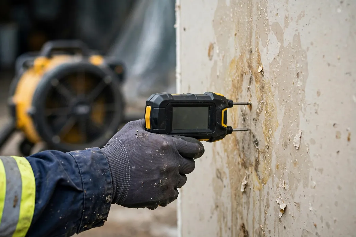 Technician verifying structural drying with a digital moisture meter on drywall