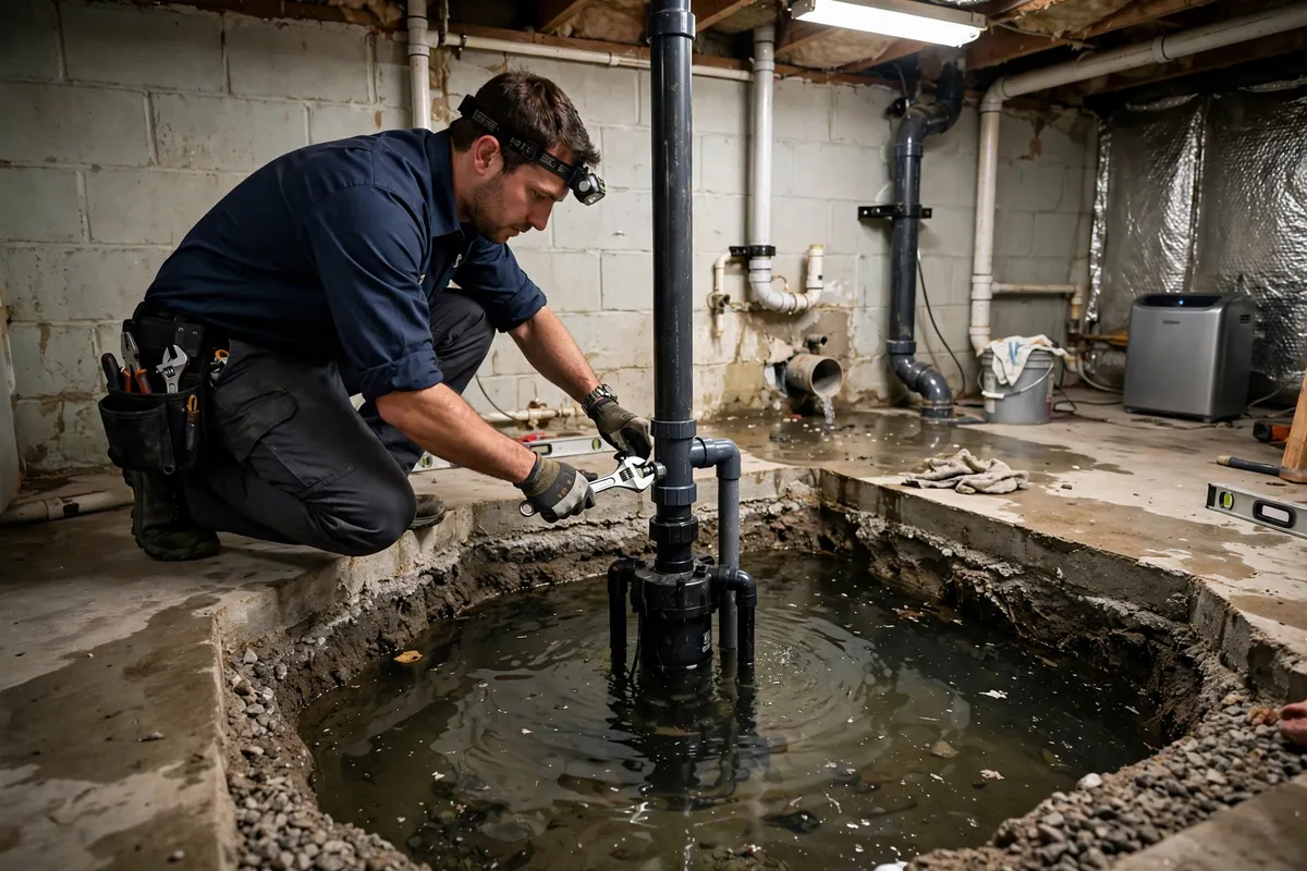 Technician servicing a sump pump in a residential basement sump pit