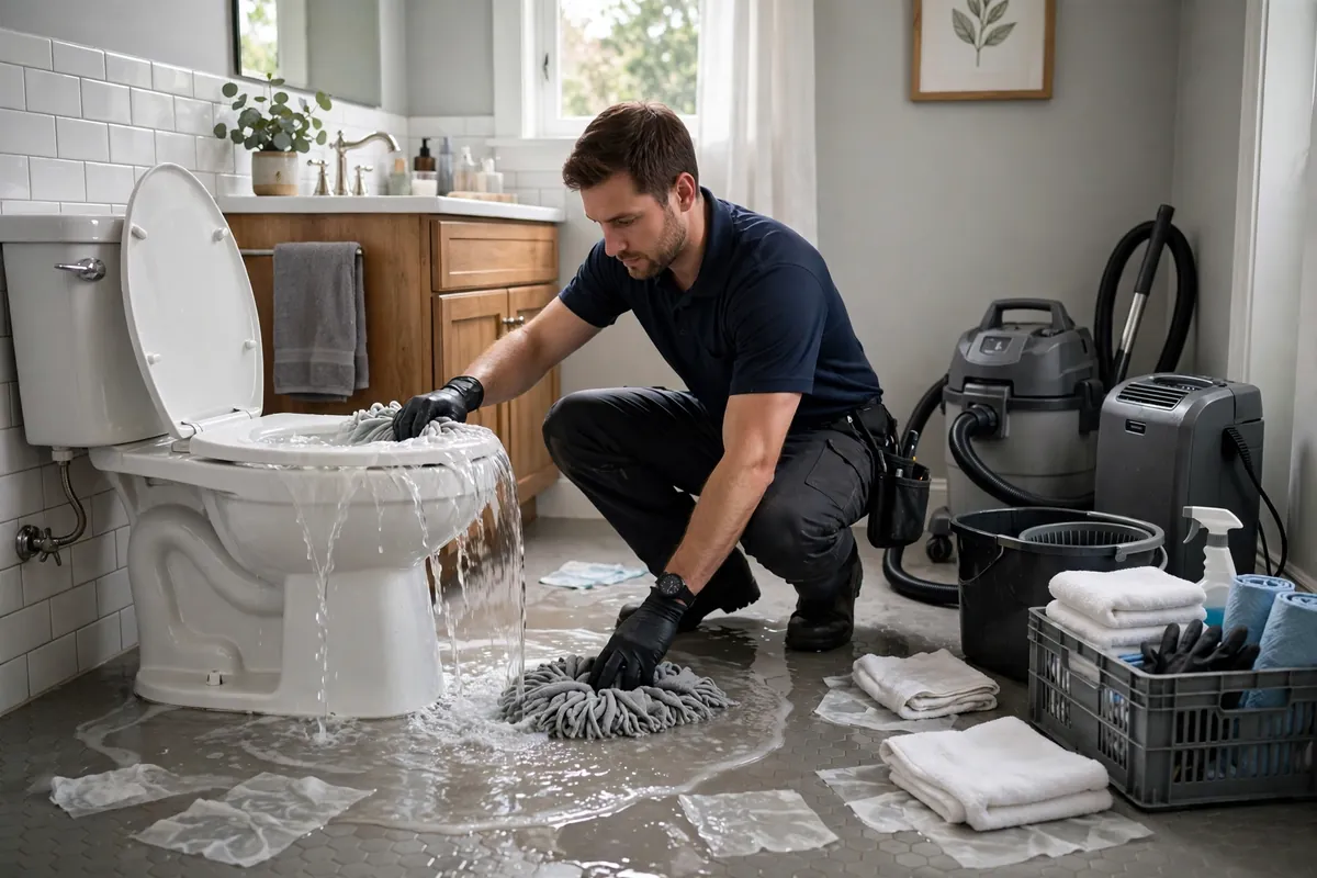 Technician cleaning up a toilet overflow in a residential bathroom