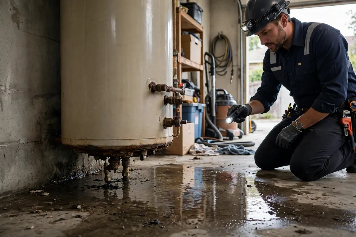 Leaking residential water heater with water pooling on a garage floor in Hollywood, FL