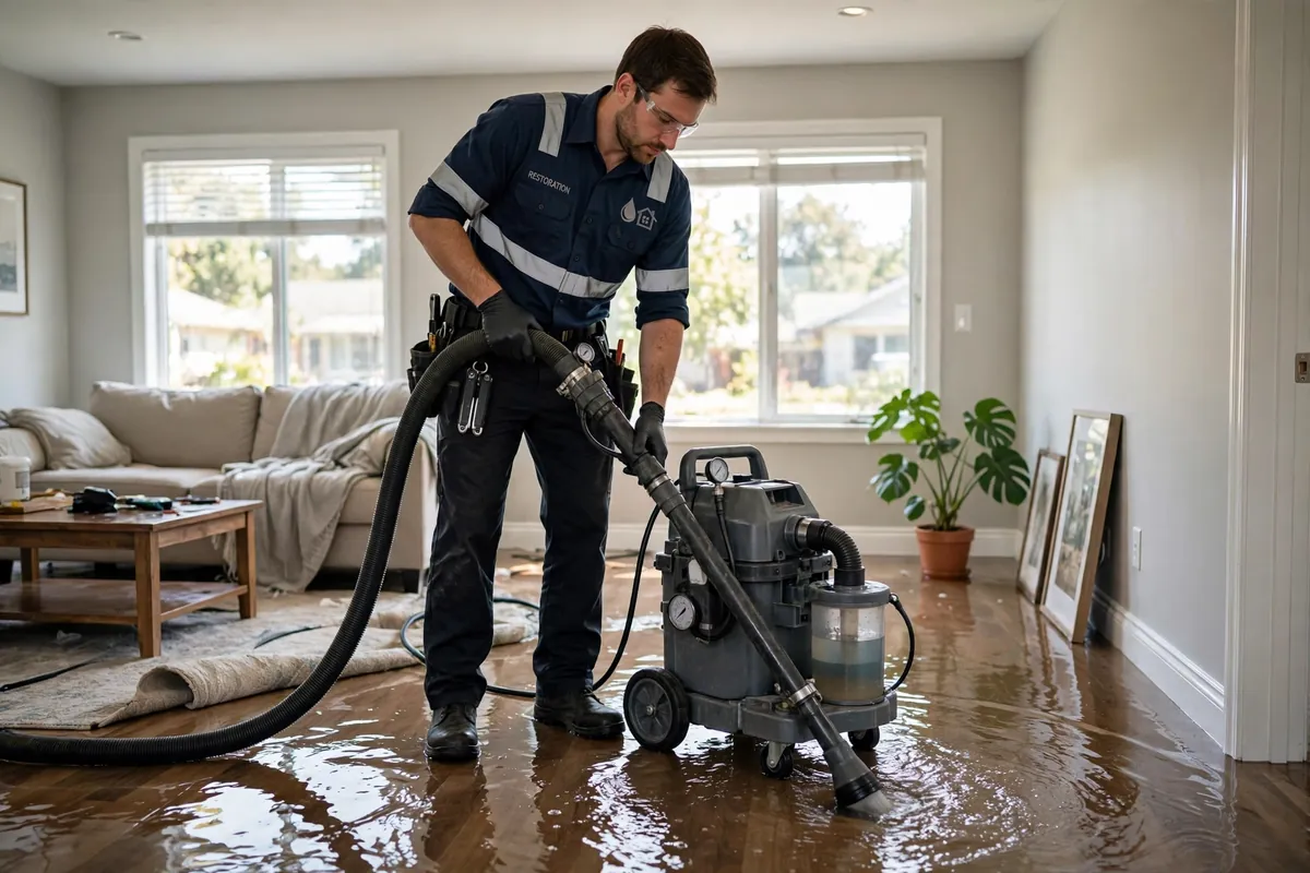 Technician performing emergency water extraction in a flooded Hollywood, FL living room